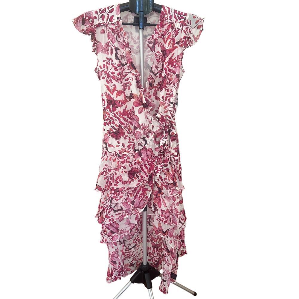 Hale Bob Butterfly Botanical Wrap Dress S Pink Asymmetrical Ruffle High Low Hem
